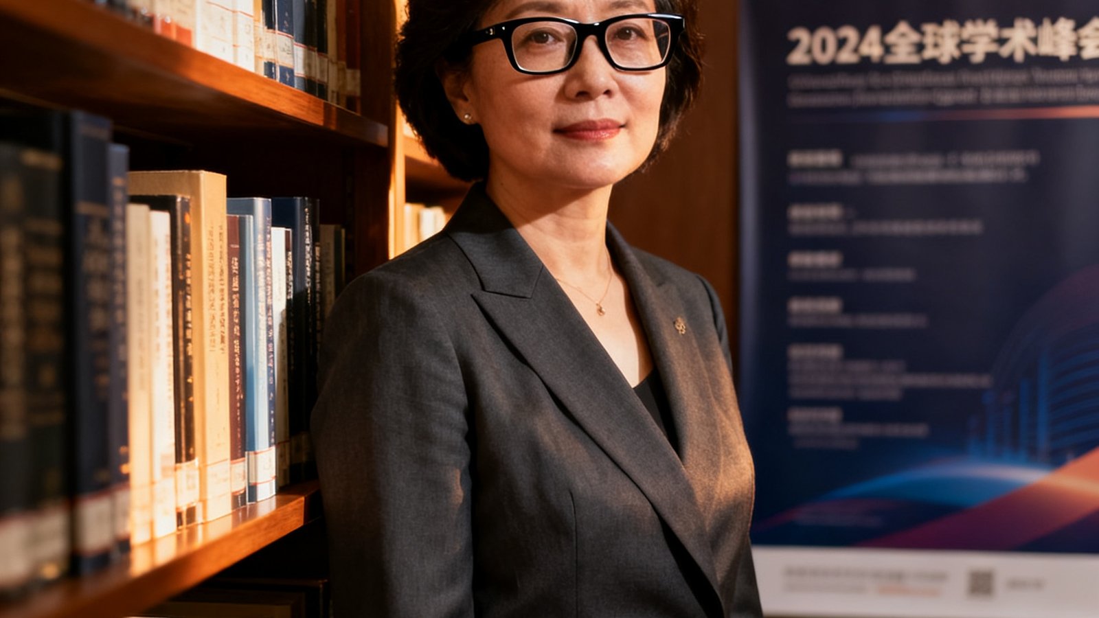 AG贵宾会集团学术礼宾事业部负责人：一位40岁左右的女性高管戴眼镜，背景为摆满书籍的书架和学术会议海报，展现学术气质